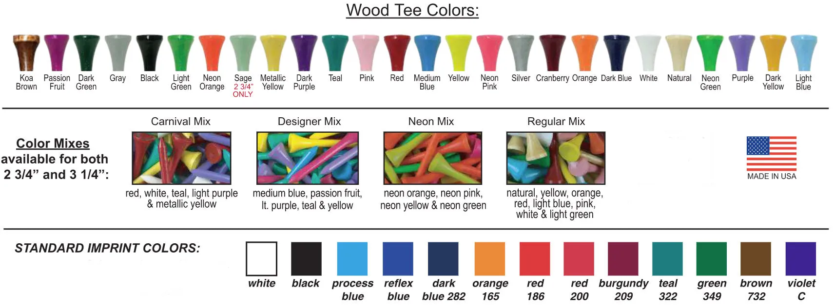 2 3/4'' or 3 1/4" Custom Personalized Wooden Golf Tees - 1 Ink Color