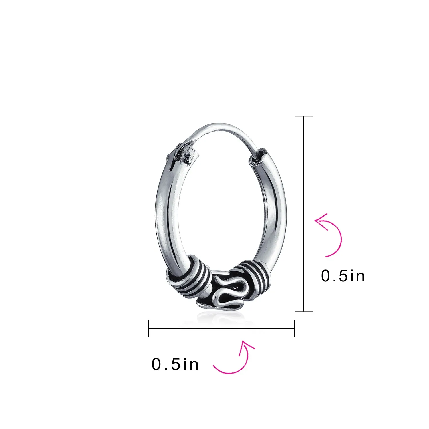 Bali Tribal Swirl Hoop Huggie Earrings Oxidized Sterling Silver Multiple Sizes