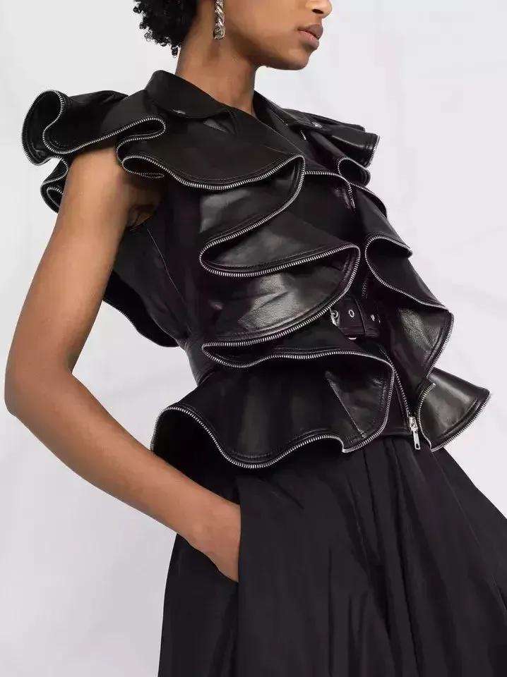 Belted Zipped Ruffle Leather Vest