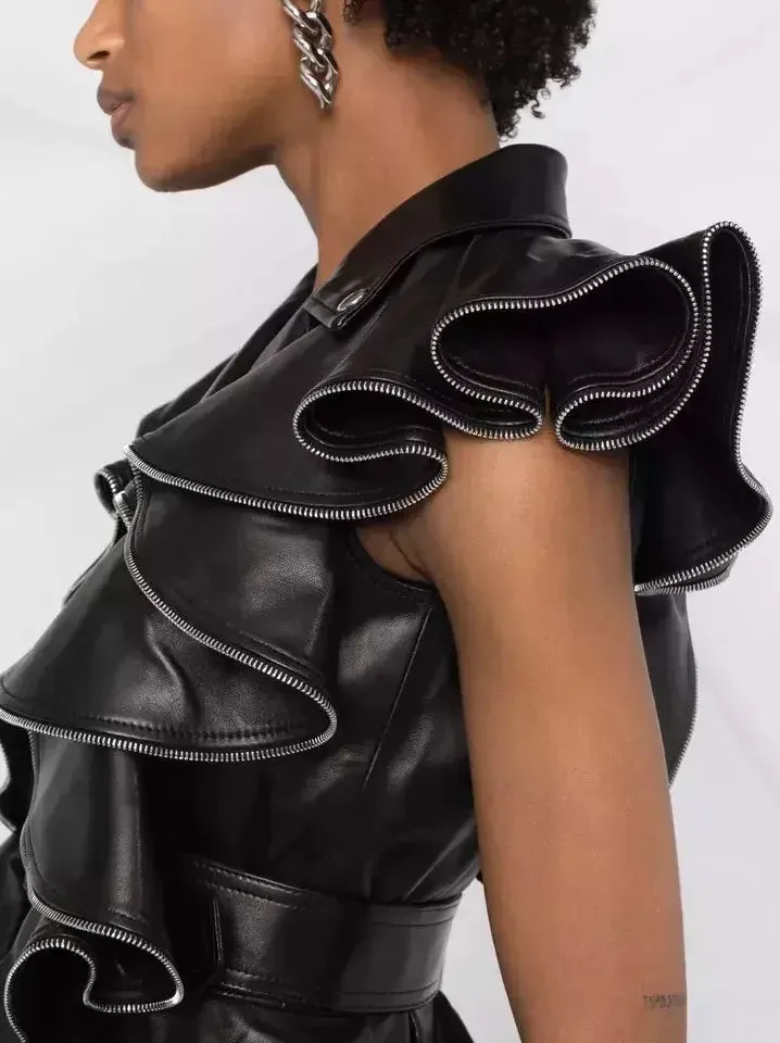 Belted Zipped Ruffle Leather Vest
