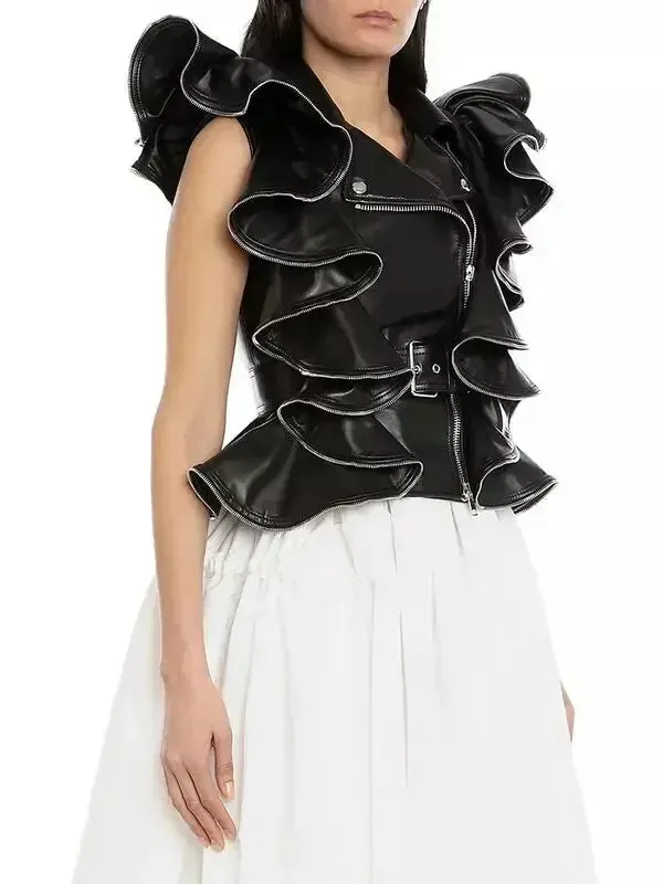 Belted Zipped Ruffle Leather Vest