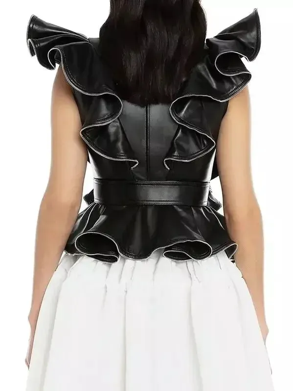 Belted Zipped Ruffle Leather Vest