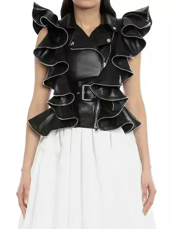 Belted Zipped Ruffle Leather Vest