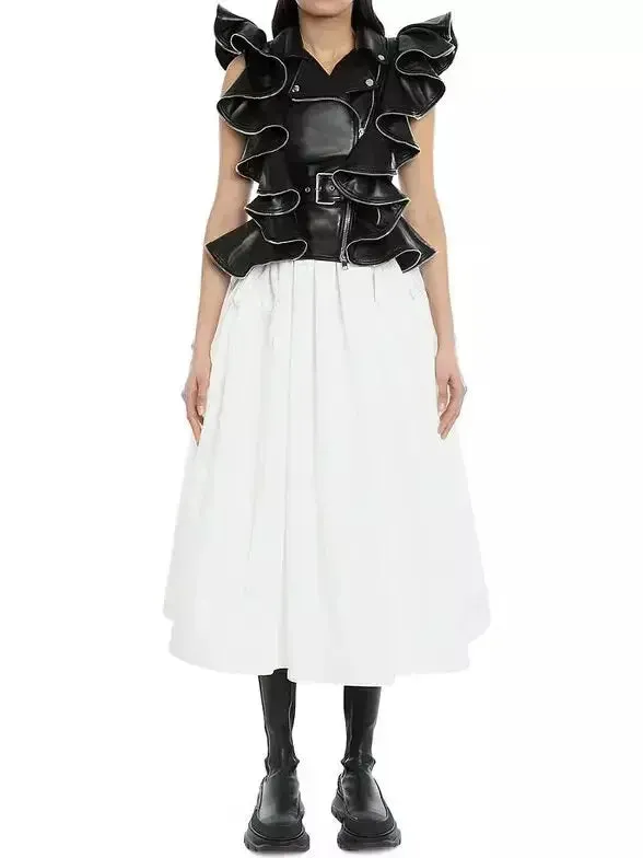 Belted Zipped Ruffle Leather Vest
