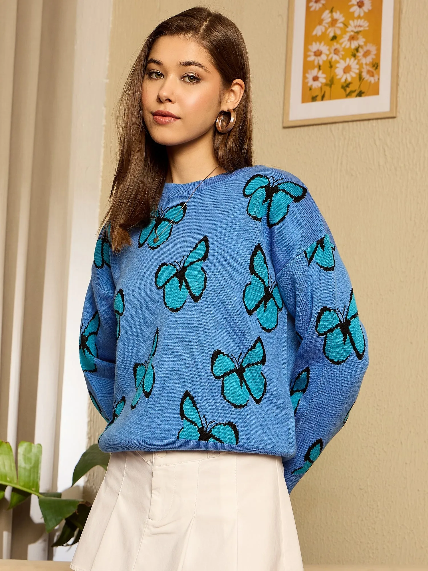 Berrylush Women Blue Butterfly Print Round Neck Full Sleeve Regular Pullover
