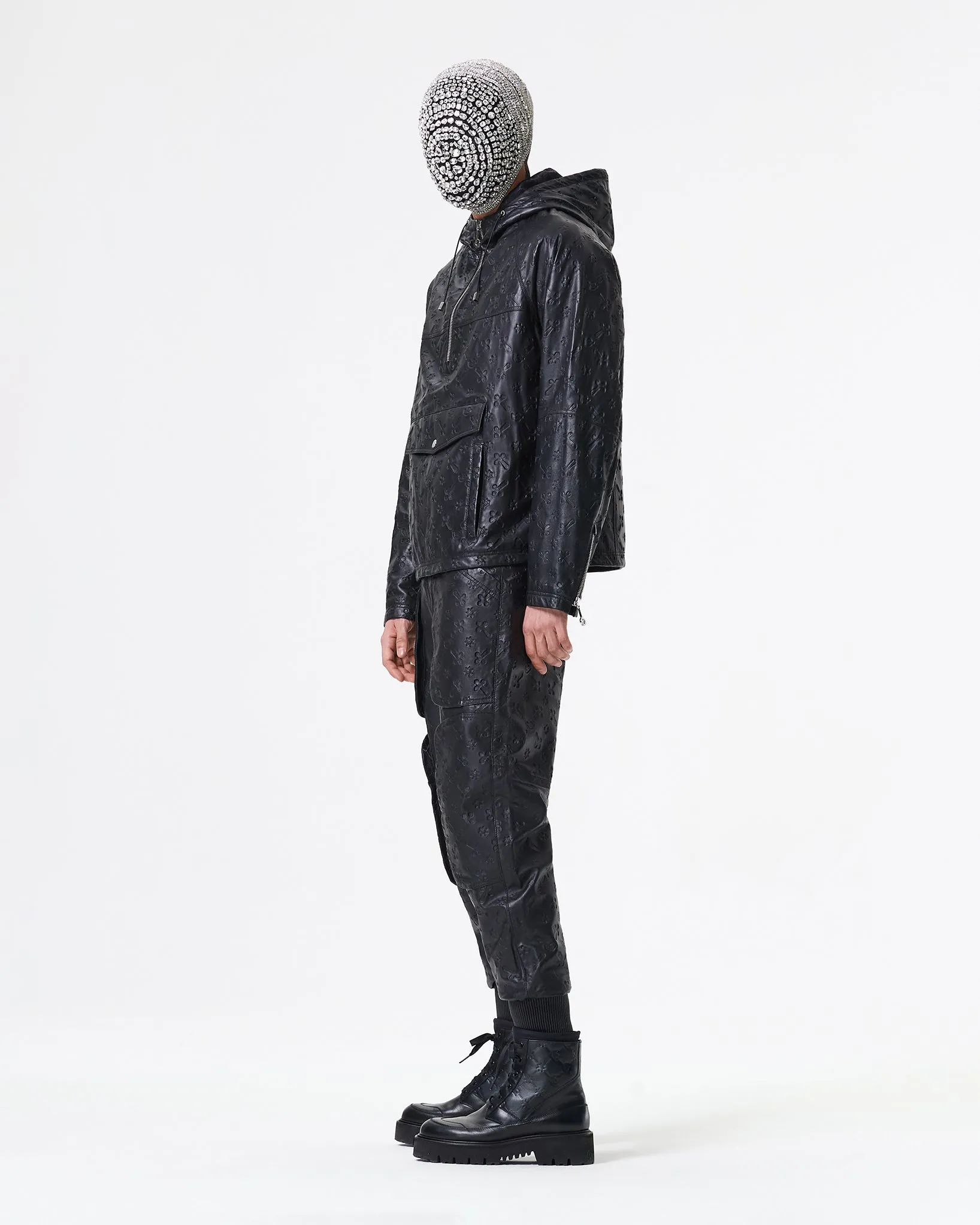BLACK LEATHER HOODED PADDED JACKET