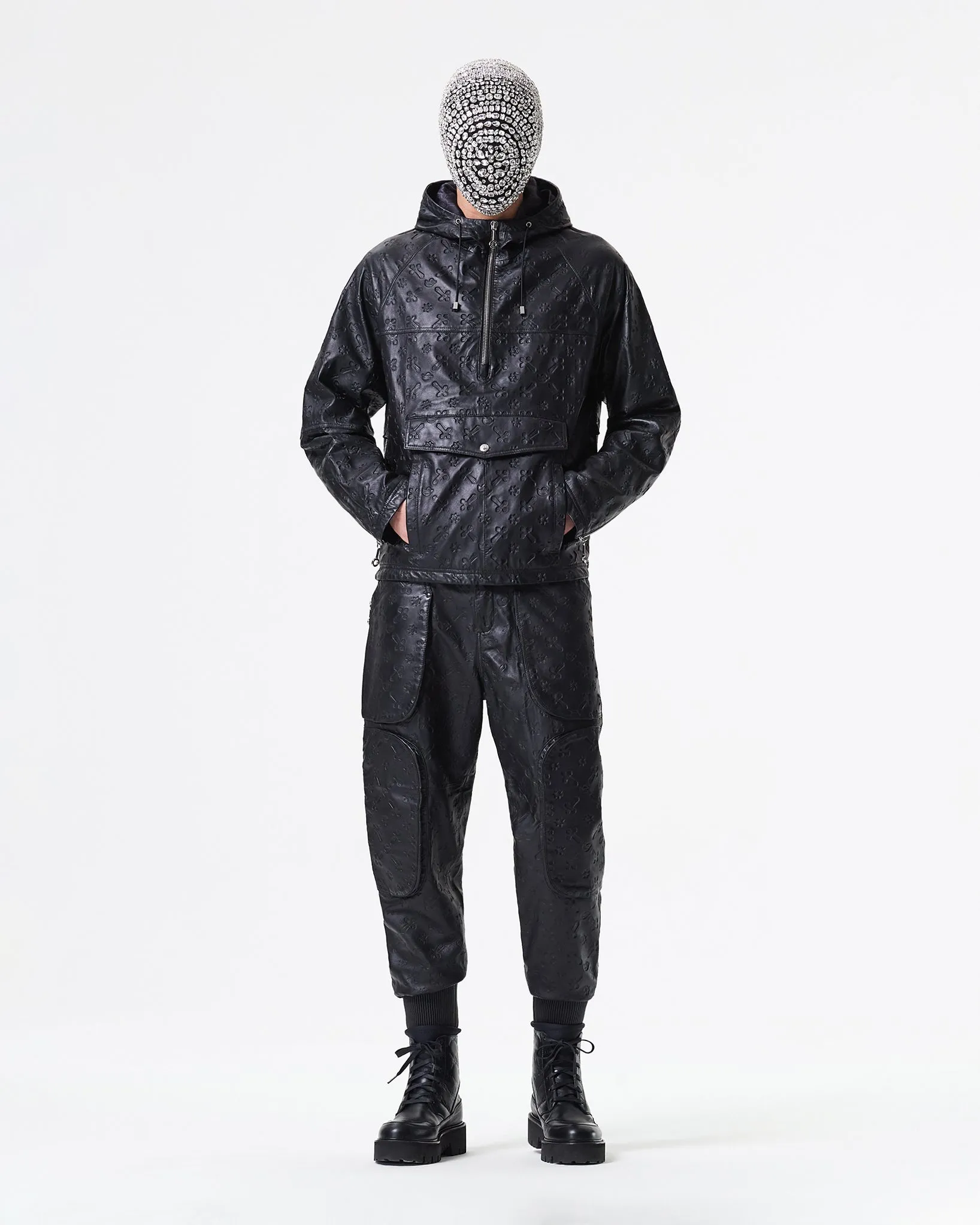 BLACK LEATHER HOODED PADDED JACKET