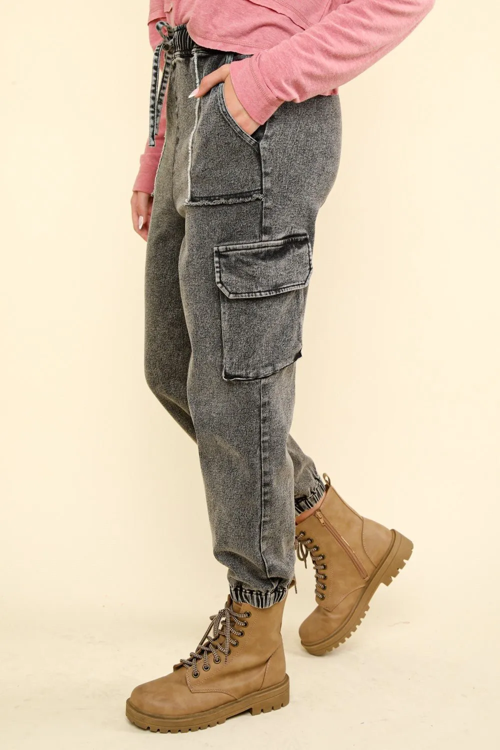 Black Washed Denim Cargo Jogger Jeans
