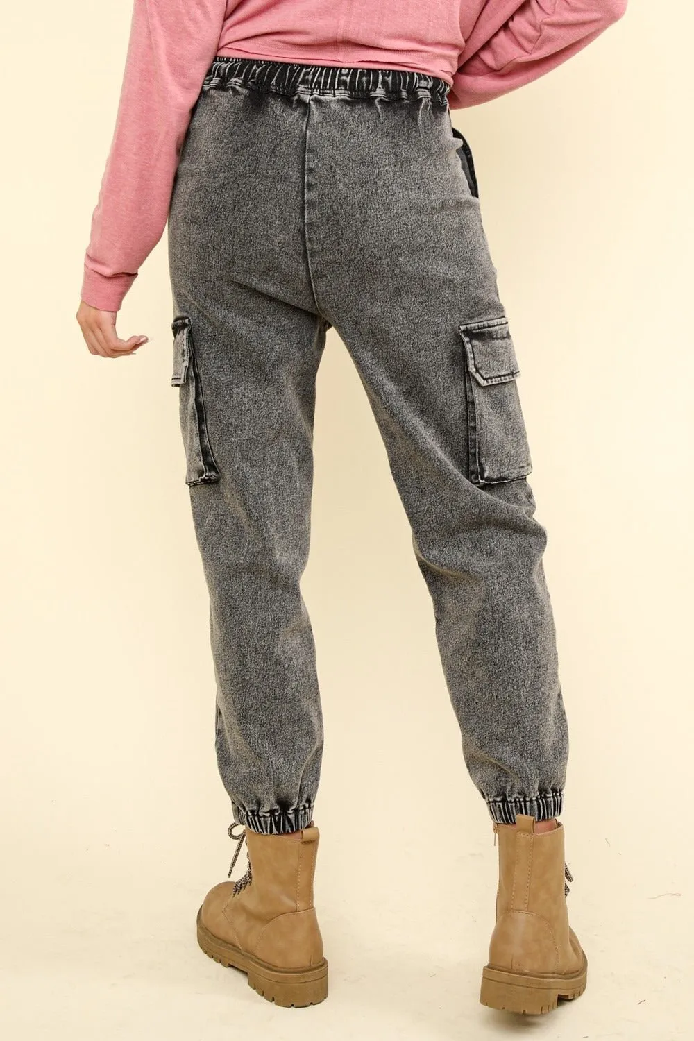 Black Washed Denim Cargo Jogger Jeans