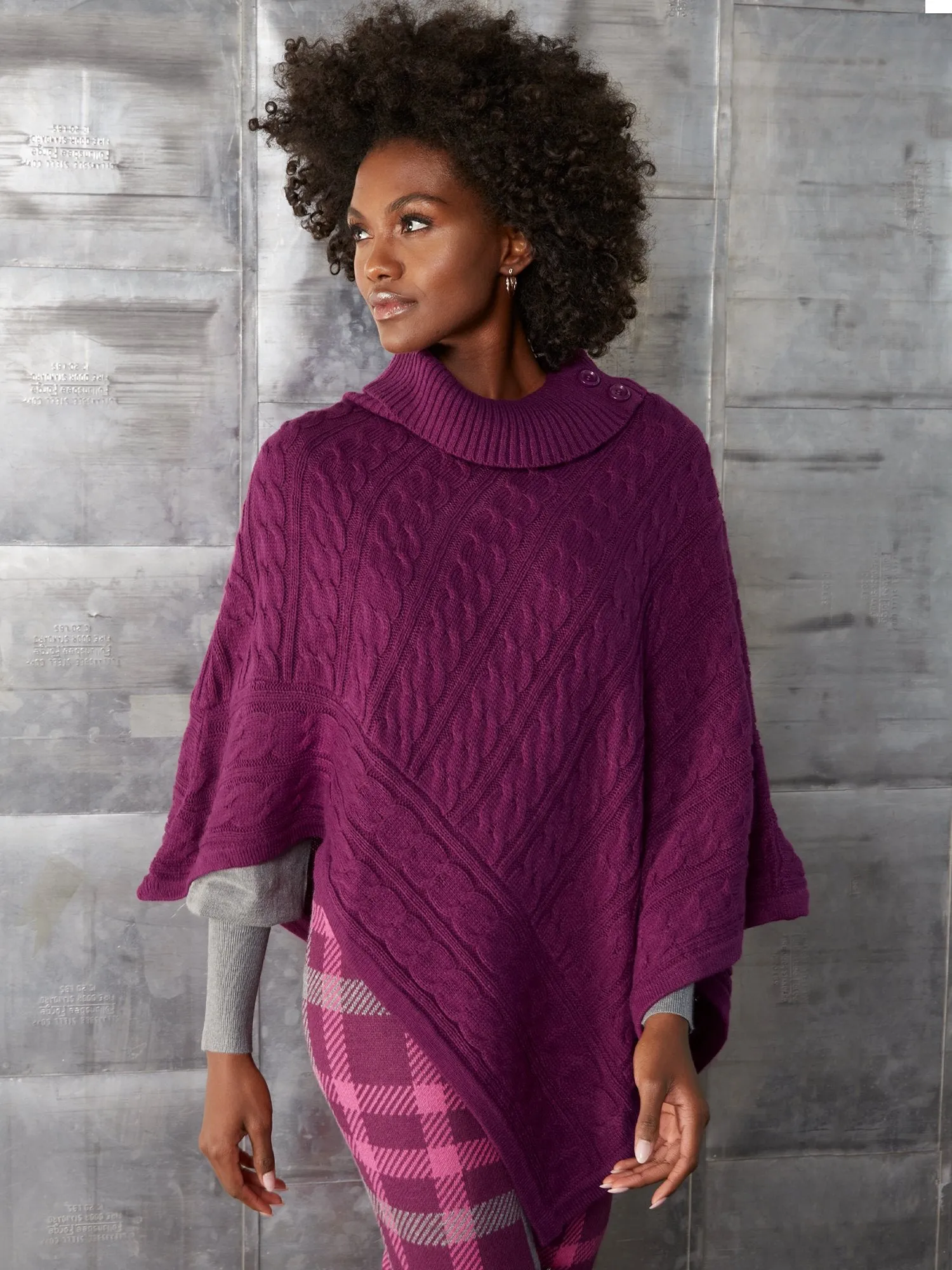 Cable-Knit Button-Detail Cape