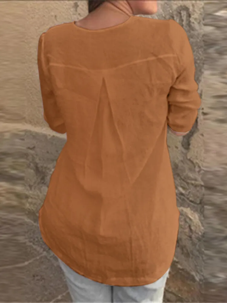 Cotton Solid Button Ruched High-Low Hem Casual Blouse