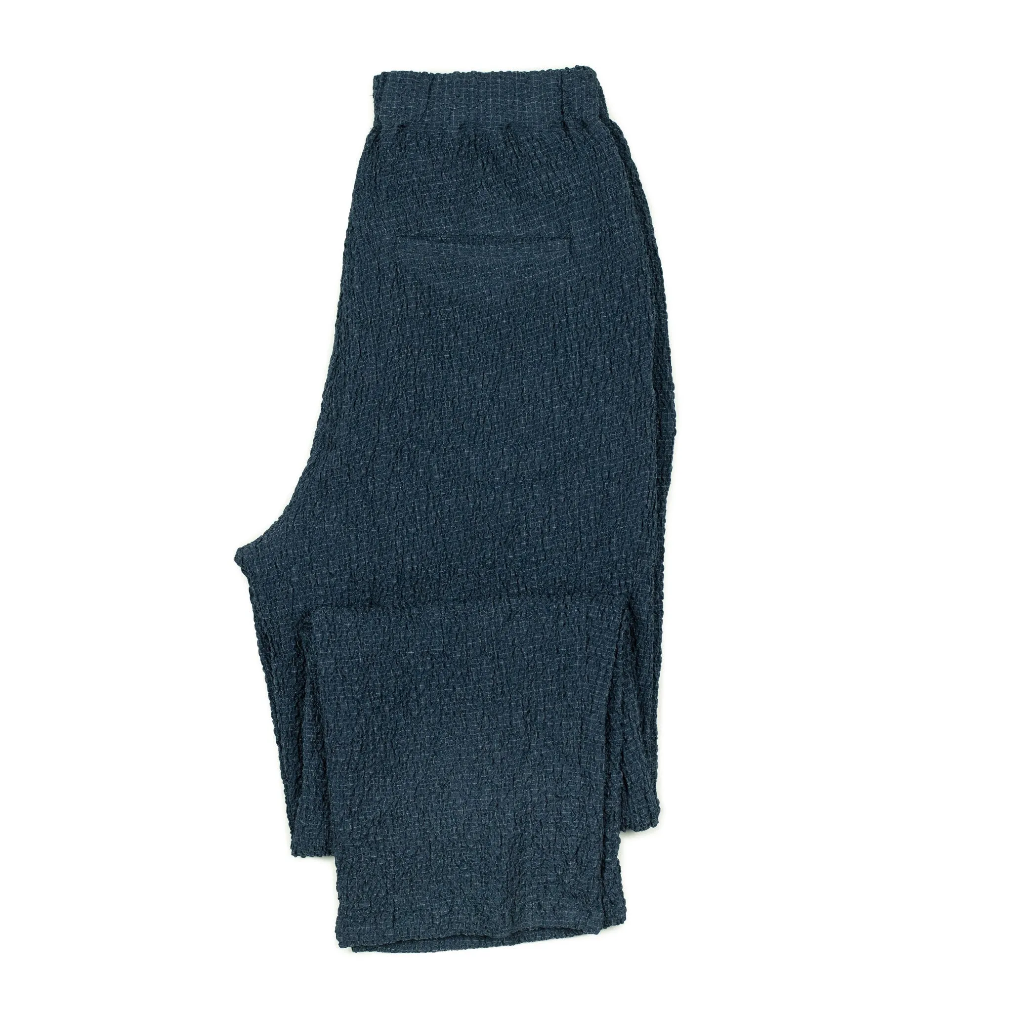 Drawstring trousers in shirred indigo-dyed cupro