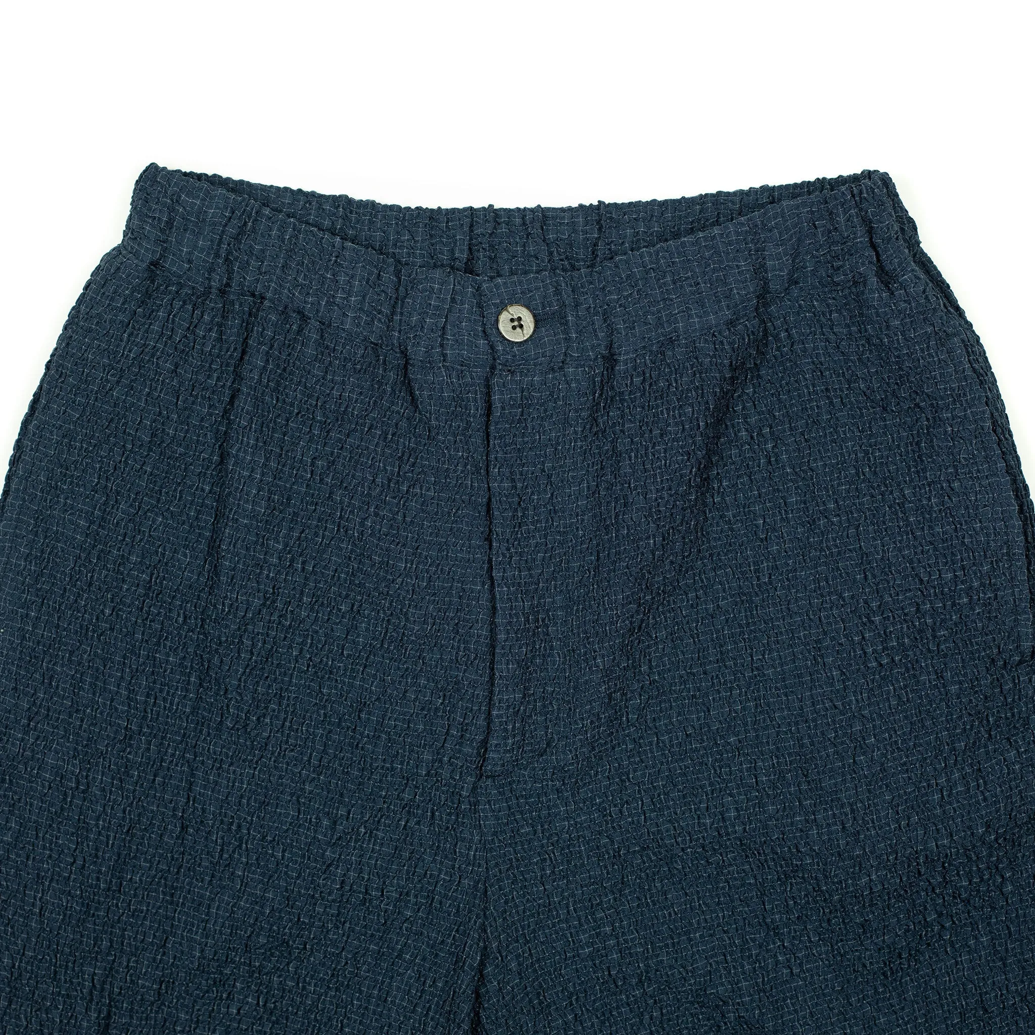 Drawstring trousers in shirred indigo-dyed cupro