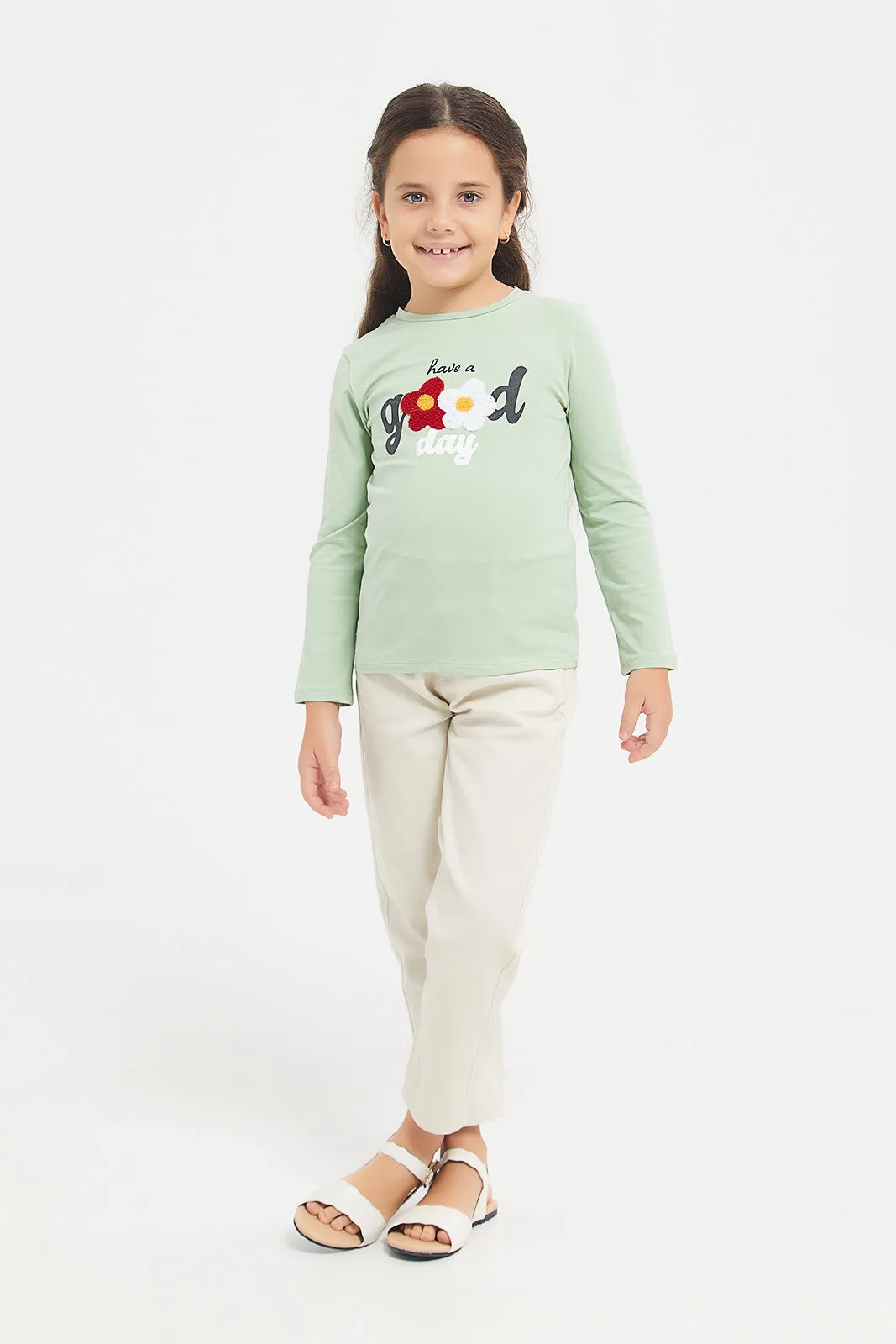 Girls Green Towel Embroidery T-Shirt