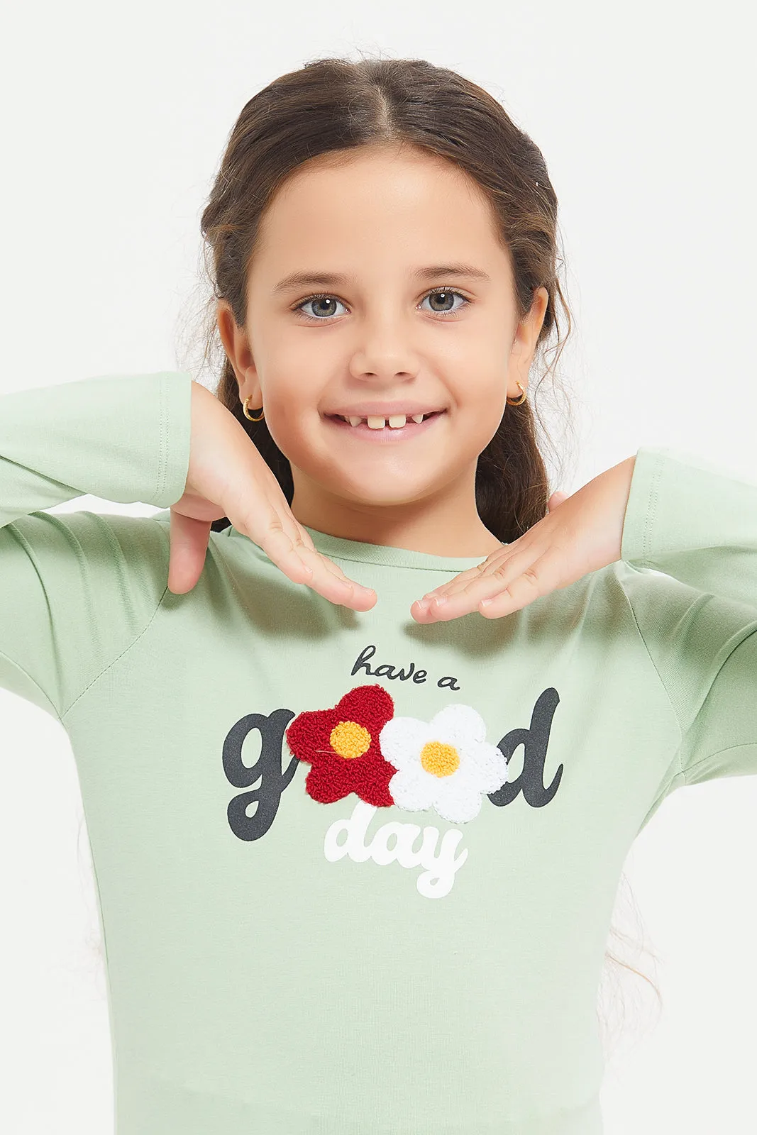 Girls Green Towel Embroidery T-Shirt