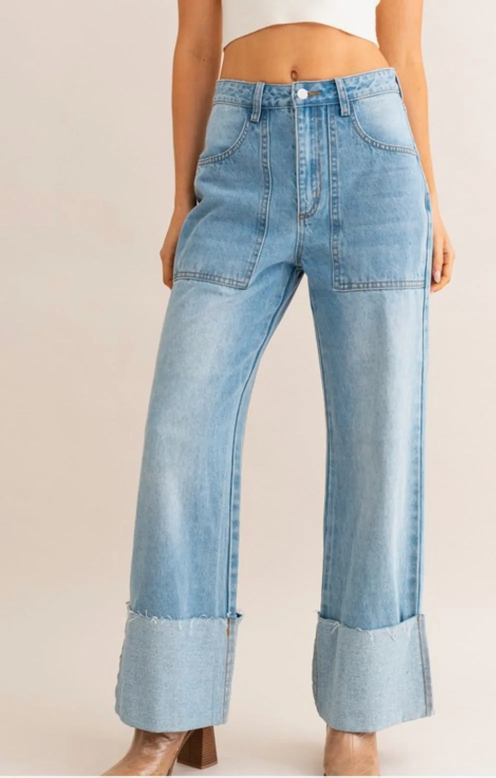 High Waisted Wide Leg Cuffed Jean - True to size