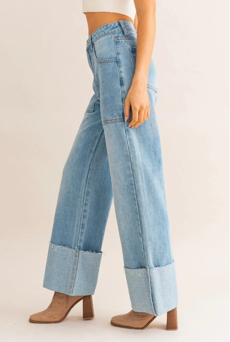 High Waisted Wide Leg Cuffed Jean - True to size