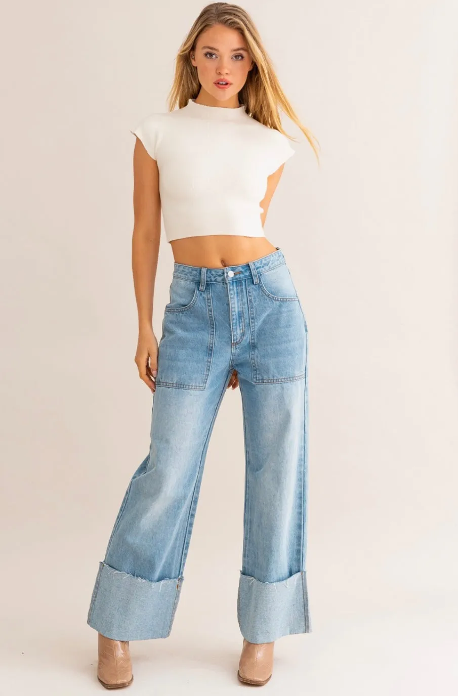 High Waisted Wide Leg Cuffed Jean - True to size