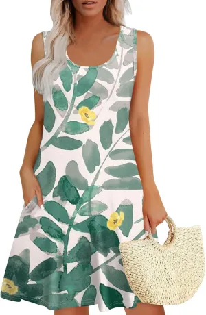 HUSNDFK Womens Summer Dresses Loose U Neck Sleeveless 2025 Beach Casual Floral Print Tank Dress with Pockets
