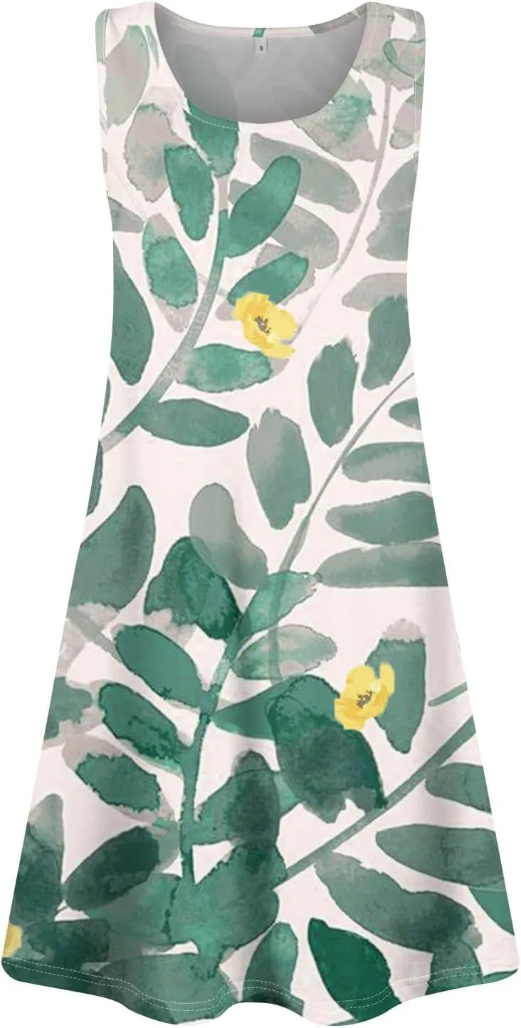HUSNDFK Womens Summer Dresses Loose U Neck Sleeveless 2025 Beach Casual Floral Print Tank Dress with Pockets
