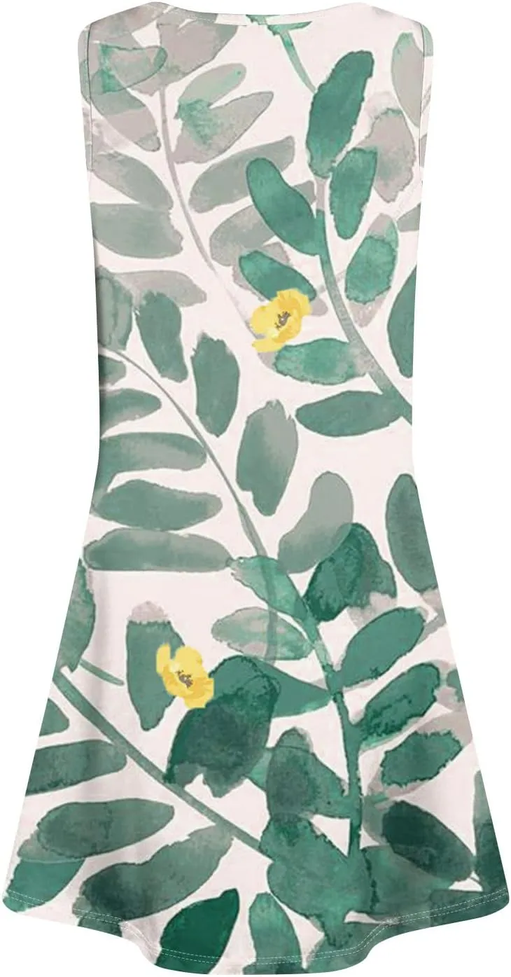 HUSNDFK Womens Summer Dresses Loose U Neck Sleeveless 2025 Beach Casual Floral Print Tank Dress with Pockets