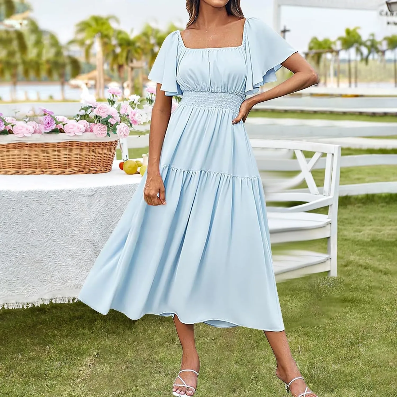 Long Dresses for Women Milkmaid Dress 2025 Trendy Short Sleeve Square Neck Smocked Waist Vacation Tiered Flowy Maxi Dress