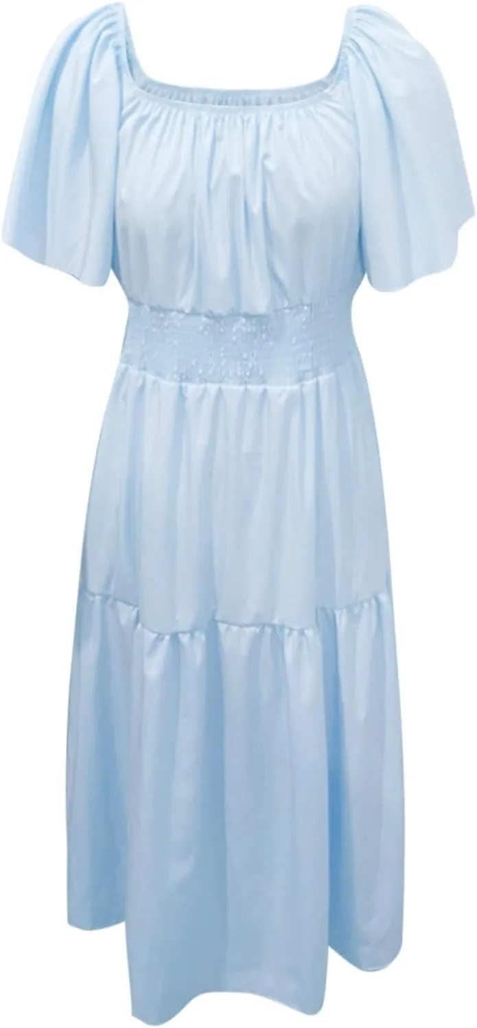 Long Dresses for Women Milkmaid Dress 2025 Trendy Short Sleeve Square Neck Smocked Waist Vacation Tiered Flowy Maxi Dress
