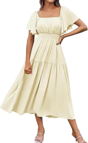 Long Dresses for Women Milkmaid Dress 2025 Trendy Short Sleeve Square Neck Smocked Waist Vacation Tiered Flowy Maxi Dress