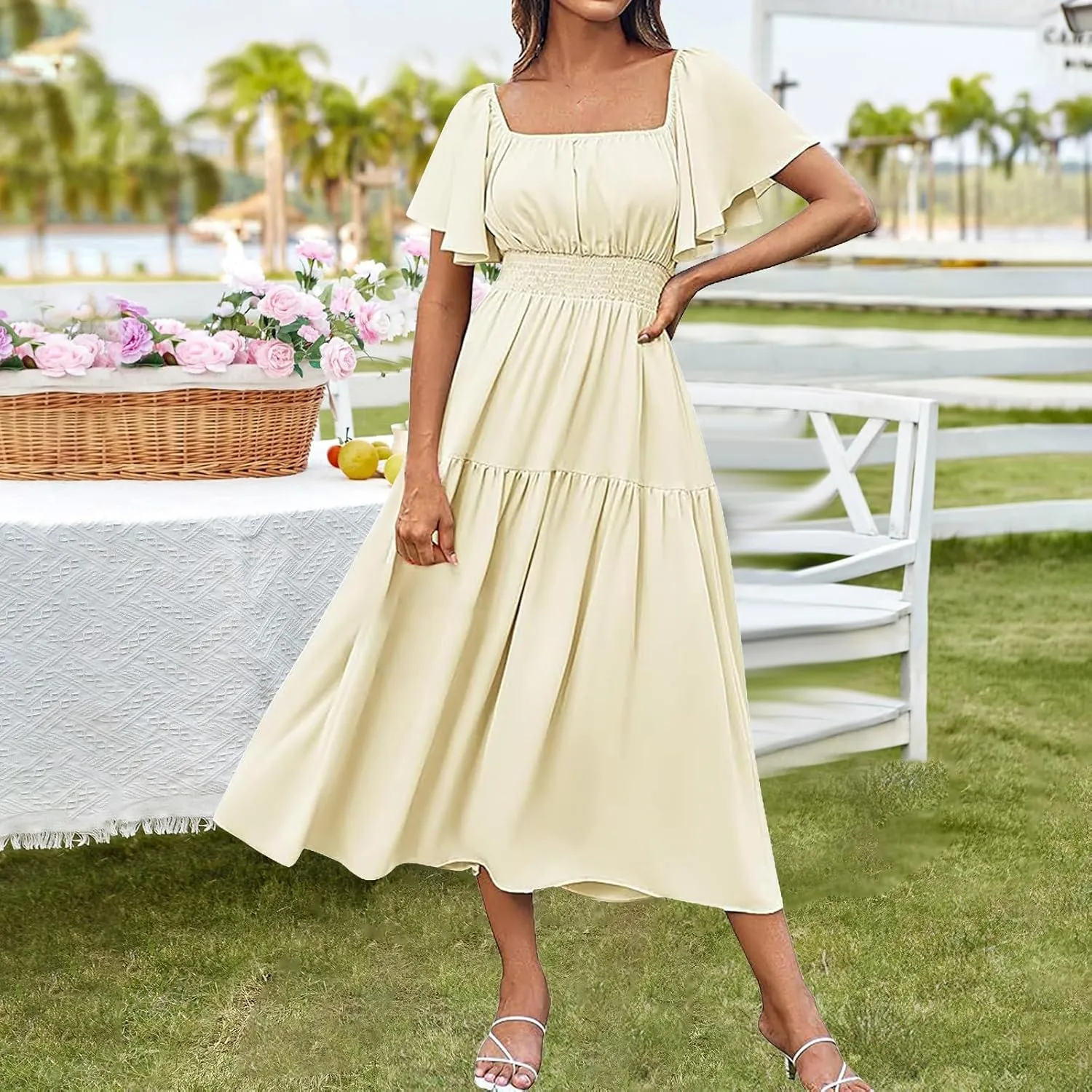 Long Dresses for Women Milkmaid Dress 2025 Trendy Short Sleeve Square Neck Smocked Waist Vacation Tiered Flowy Maxi Dress