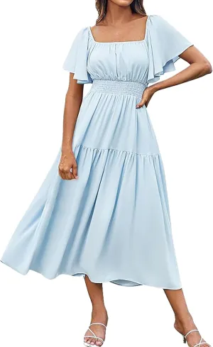 Long Dresses for Women Milkmaid Dress 2025 Trendy Short Sleeve Square Neck Smocked Waist Vacation Tiered Flowy Maxi Dress