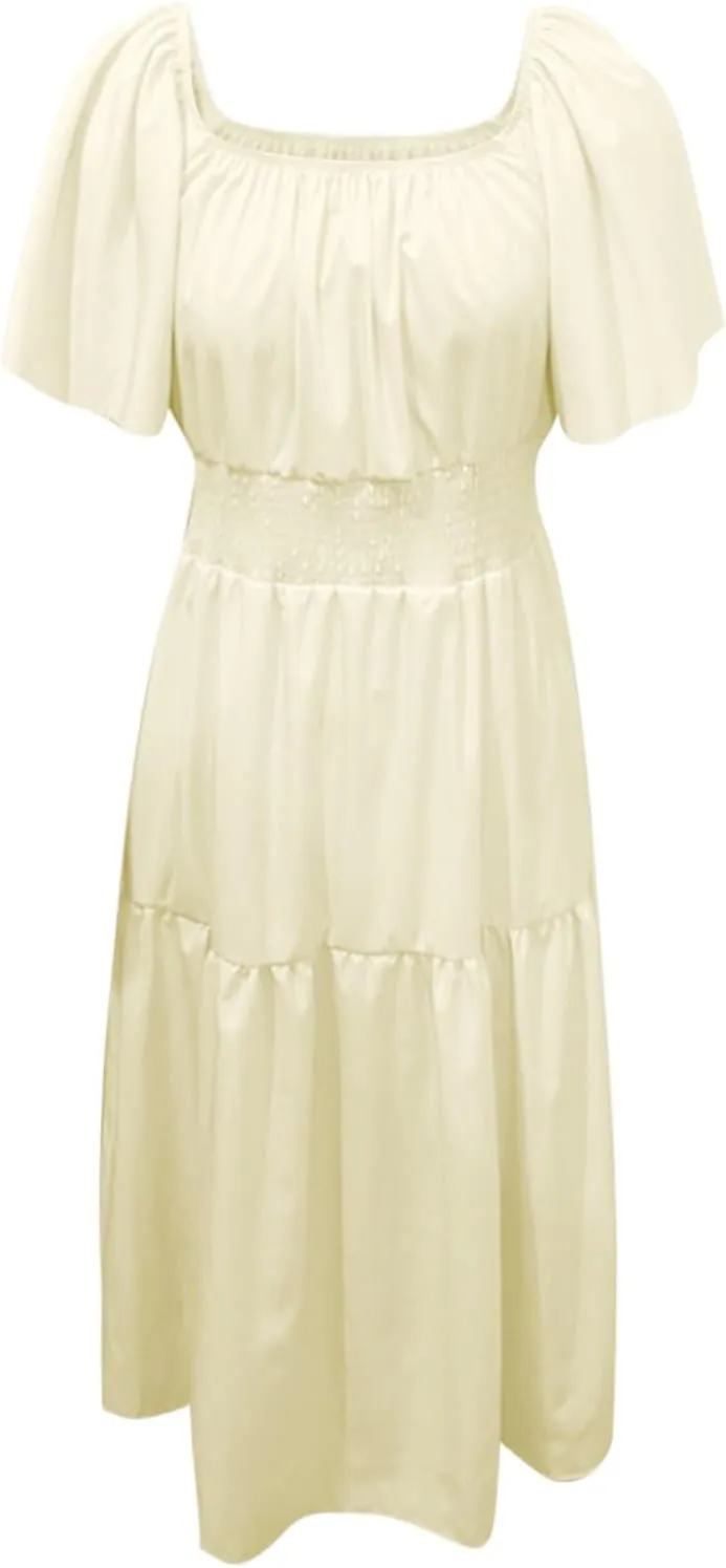 Long Dresses for Women Milkmaid Dress 2025 Trendy Short Sleeve Square Neck Smocked Waist Vacation Tiered Flowy Maxi Dress
