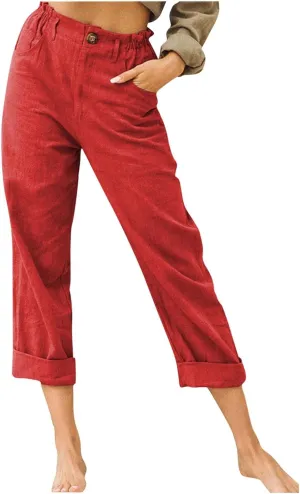 Lpmadey Womens Cotton Linen Pants Casual Elastic Waist High Rise Capris Pant Summer Loose Comfy Straight Leg Cropped Trousers Red