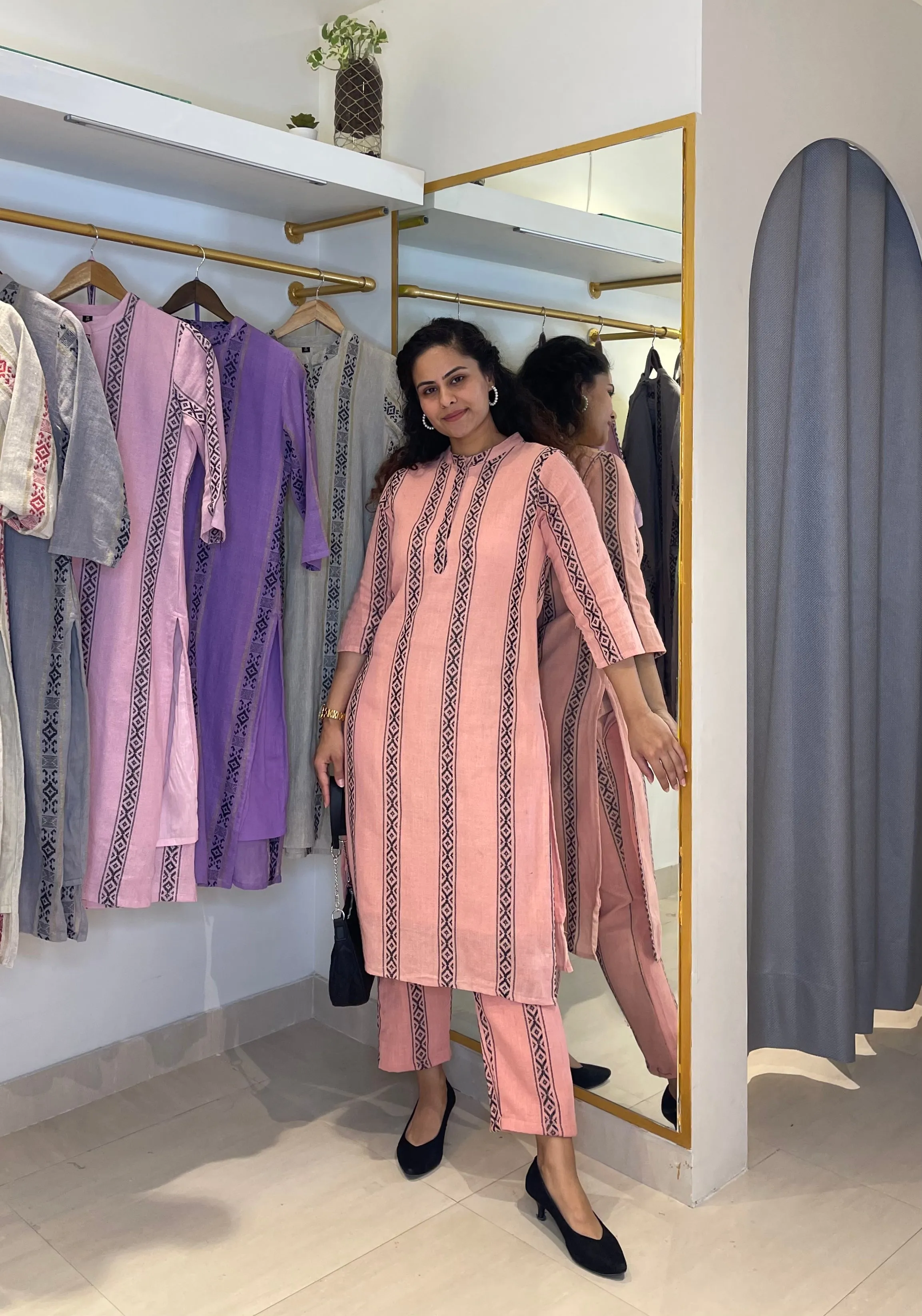 Peach handloom Cotton kurta set
