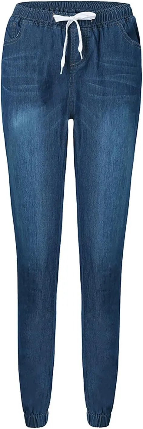 Plus Size Denim Pants for Women Casual Elastic Waist Drawstring Jeans Trousers High Waist Classic Blue Jean Leggings