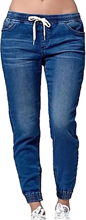 Plus Size Denim Pants for Women Casual Elastic Waist Drawstring Jeans Trousers High Waist Classic Blue Jean Leggings