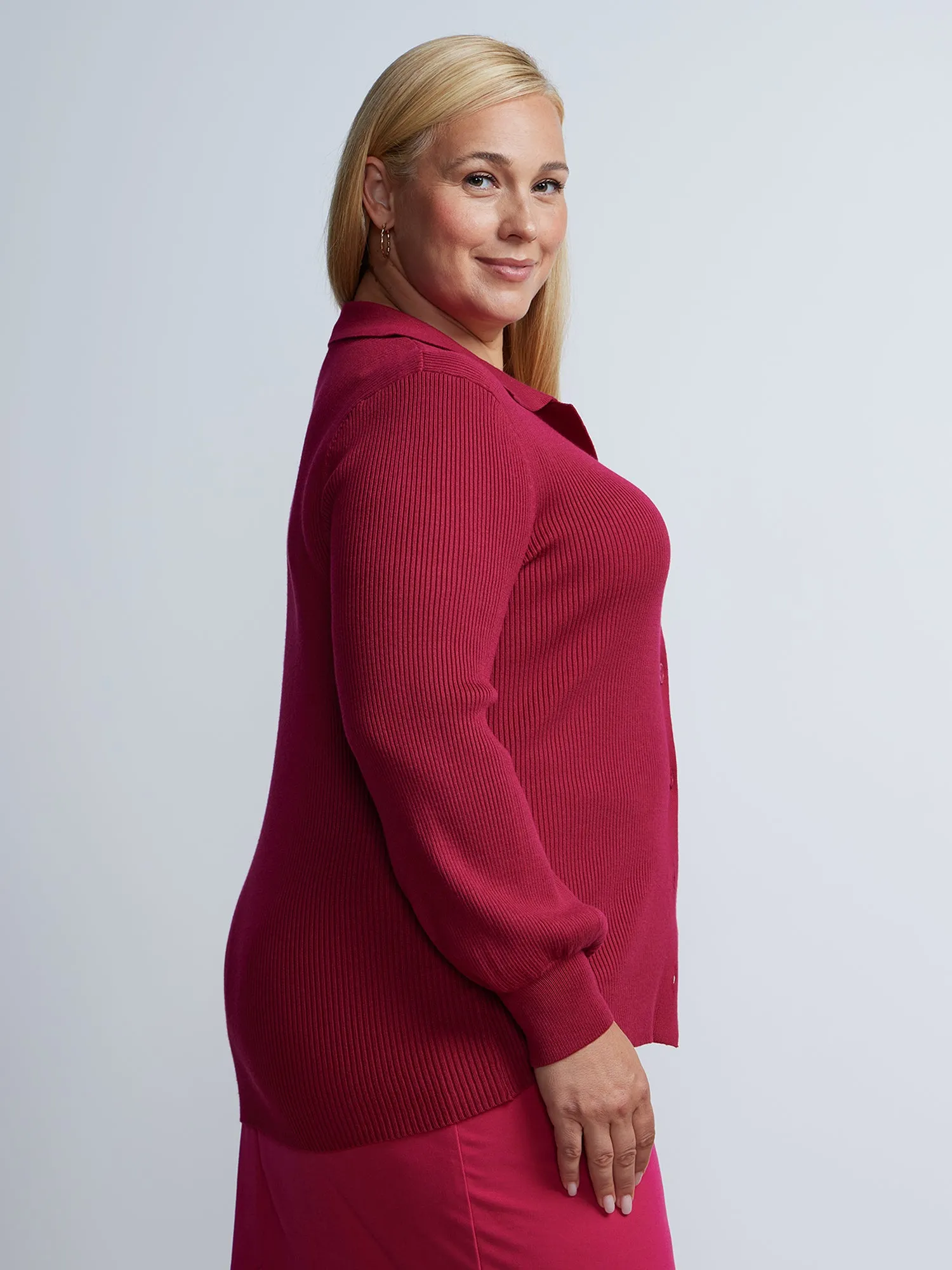 Plus Slim Collar Ribbed Button Front Cardigan