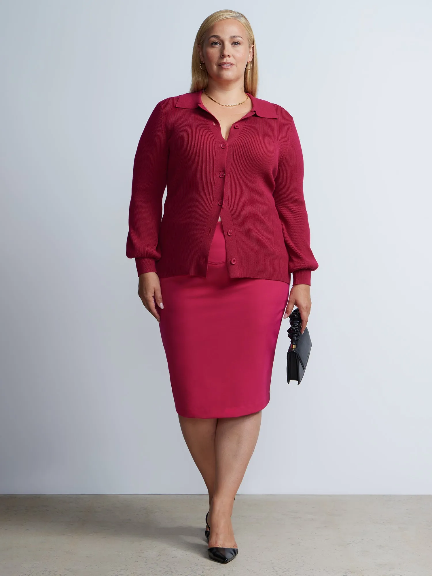 Plus Slim Collar Ribbed Button Front Cardigan