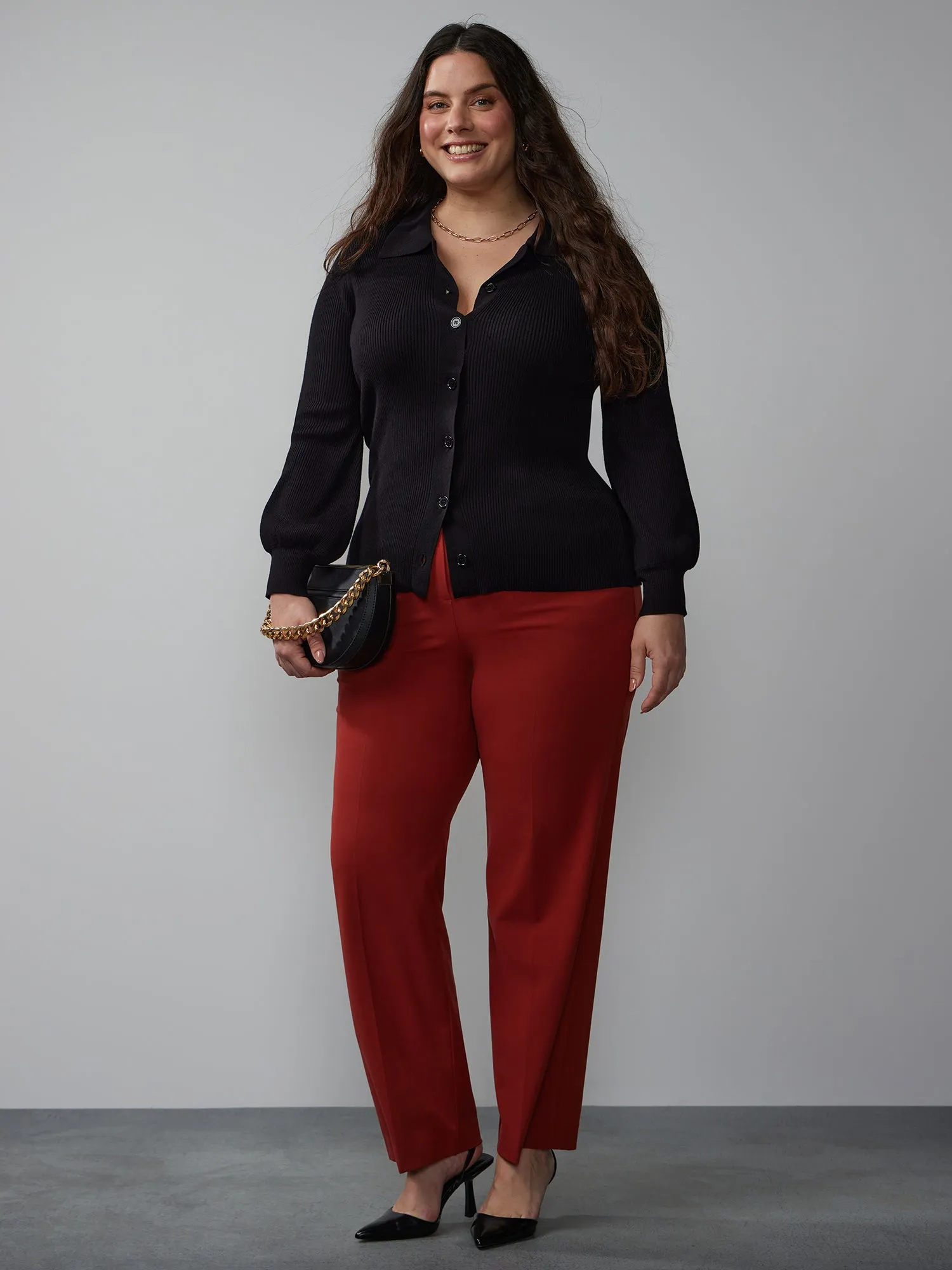 Plus Slim Collar Ribbed Button Front Cardigan