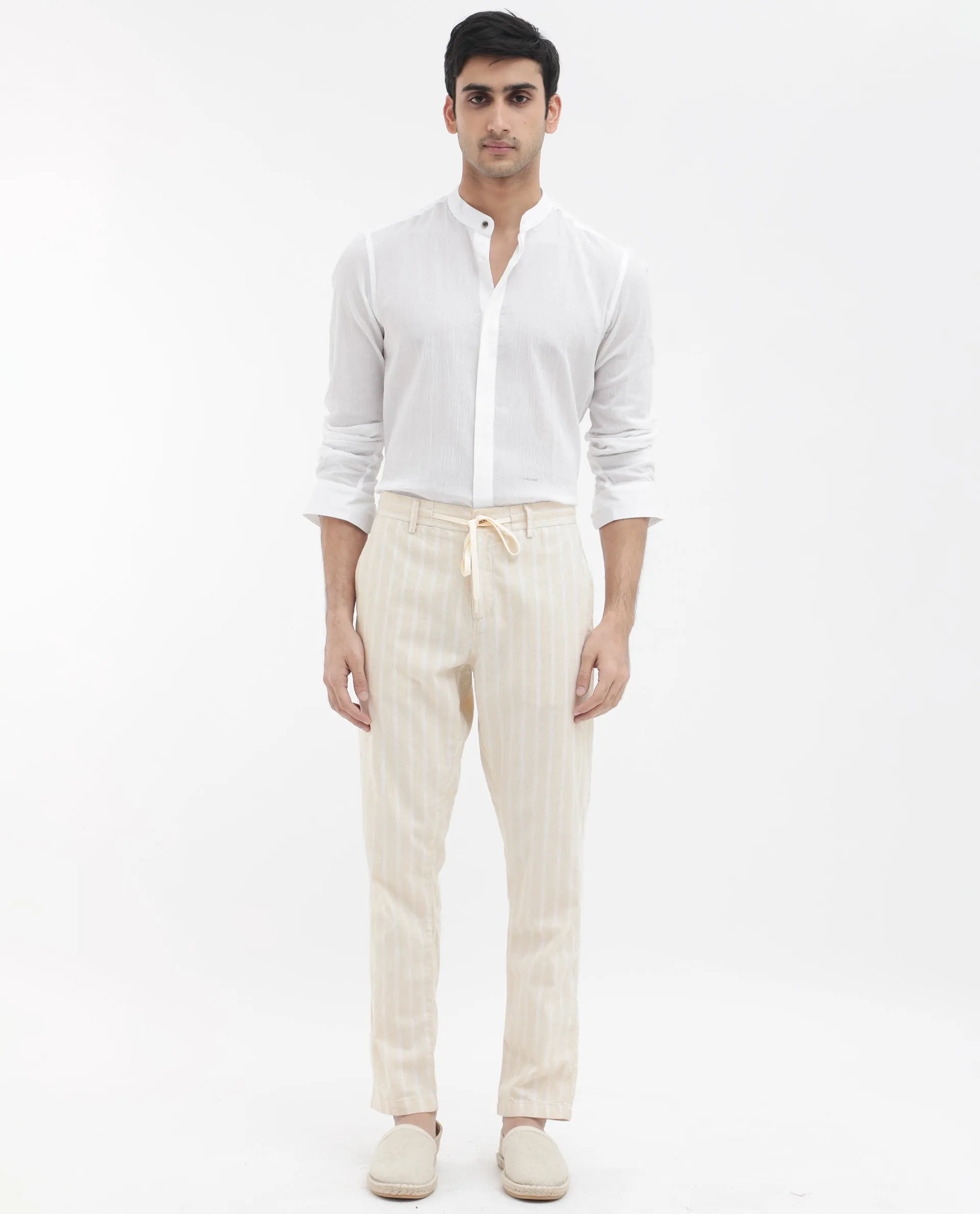 Rare Rabbit Men's Dano Beige Cotton Linen Stripes Trousers