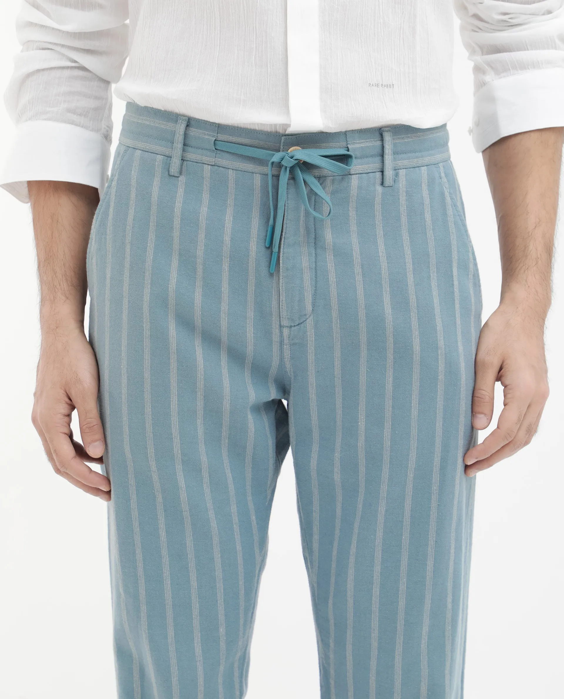 Rare Rabbit Men's Dano Light Blue Cotton Linen Stripes Trousers