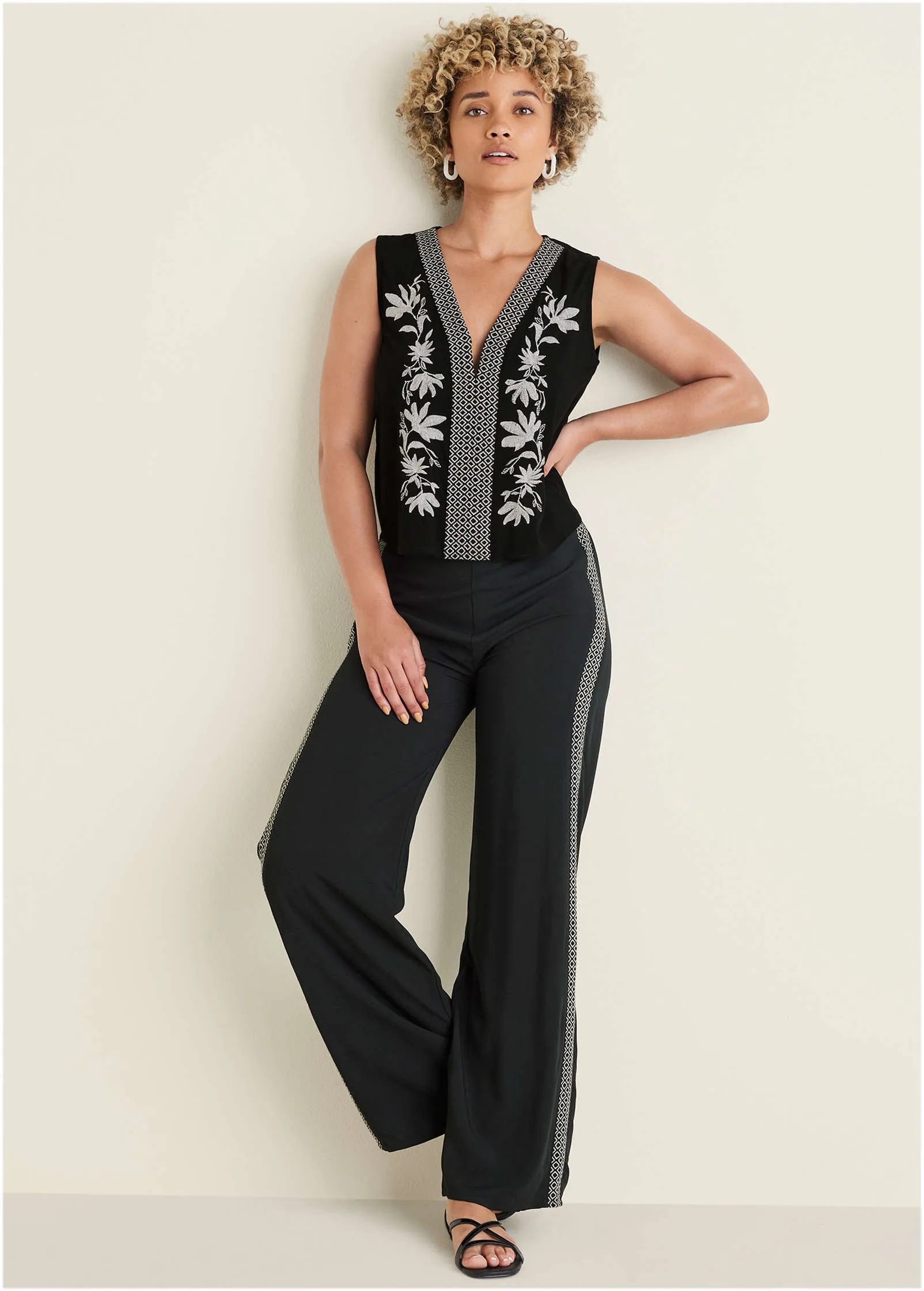 Side Print Straight Pant  - Black
