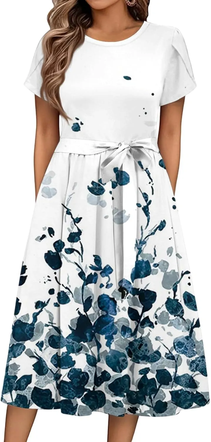 Summer Dresses for Women 2025 Casual Short Sleeve Midi Dresses with Belt Floral Print Aline Dress Beach Sundresses