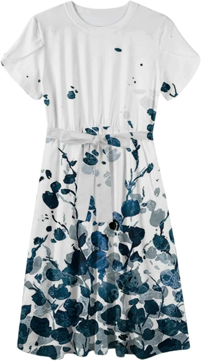 Summer Dresses for Women 2025 Casual Short Sleeve Midi Dresses with Belt Floral Print Aline Dress Beach Sundresses