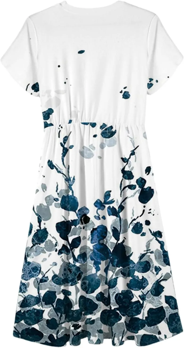 Summer Dresses for Women 2025 Casual Short Sleeve Midi Dresses with Belt Floral Print Aline Dress Beach Sundresses