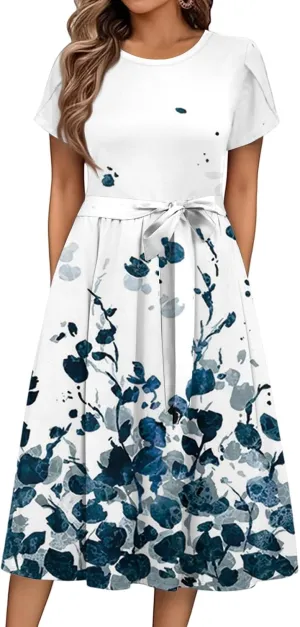 Summer Dresses for Women 2025 Casual Short Sleeve Midi Dresses with Belt Floral Print Aline Dress Beach Sundresses