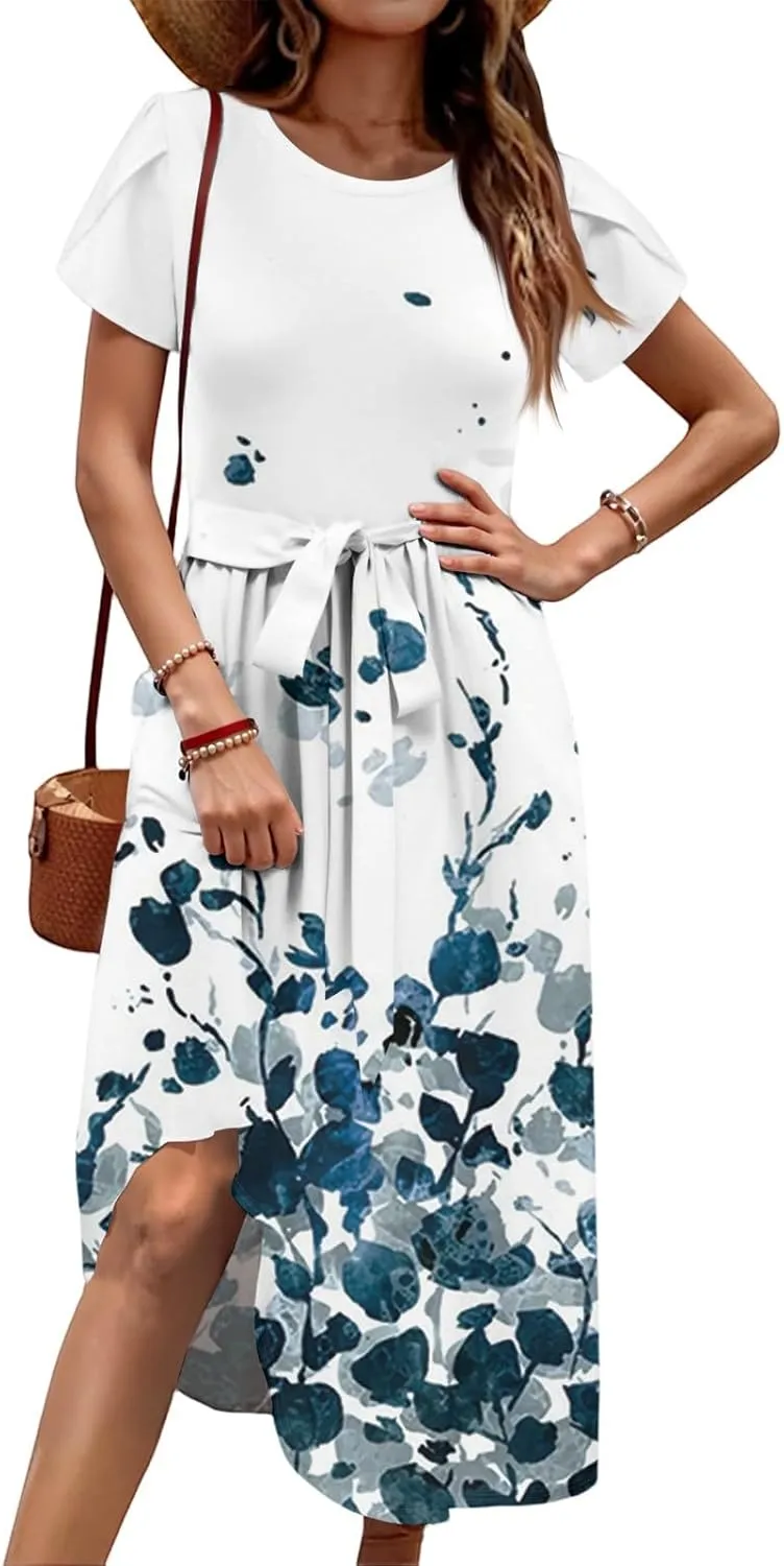 Summer Dresses for Women 2025 Casual Short Sleeve Midi Dresses with Belt Floral Print Aline Dress Beach Sundresses