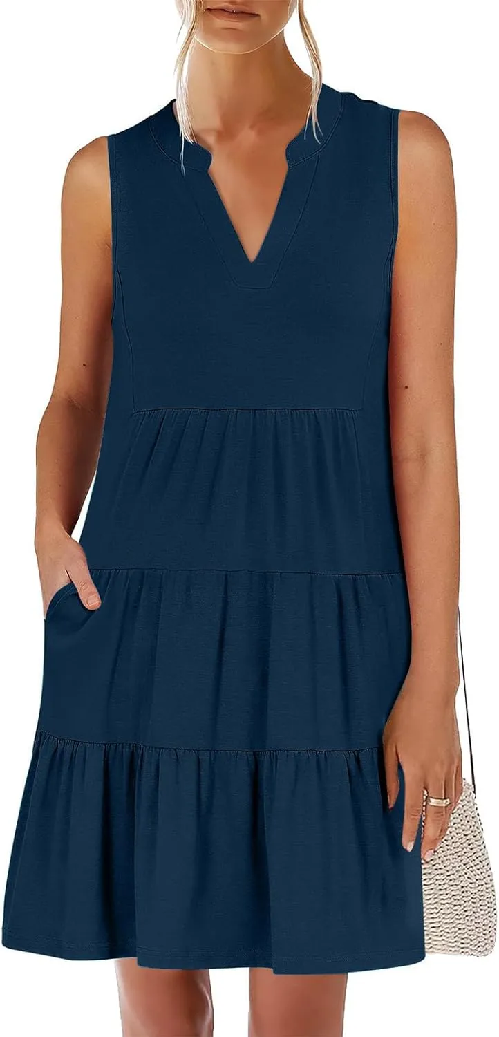 Summer Dresses for Women 2025 Casual Sleeveless Beach Dress Fashion Pleated Loose V-Neck Solid Color Sundress