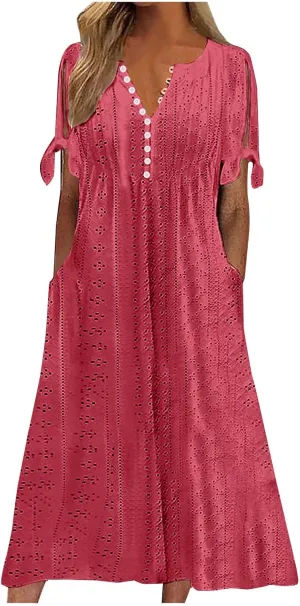 Summer Dresses for Women 2025 Eyelet Tshirt Dress Casual Beach Vacation Sundress V Neck Maxi Dress