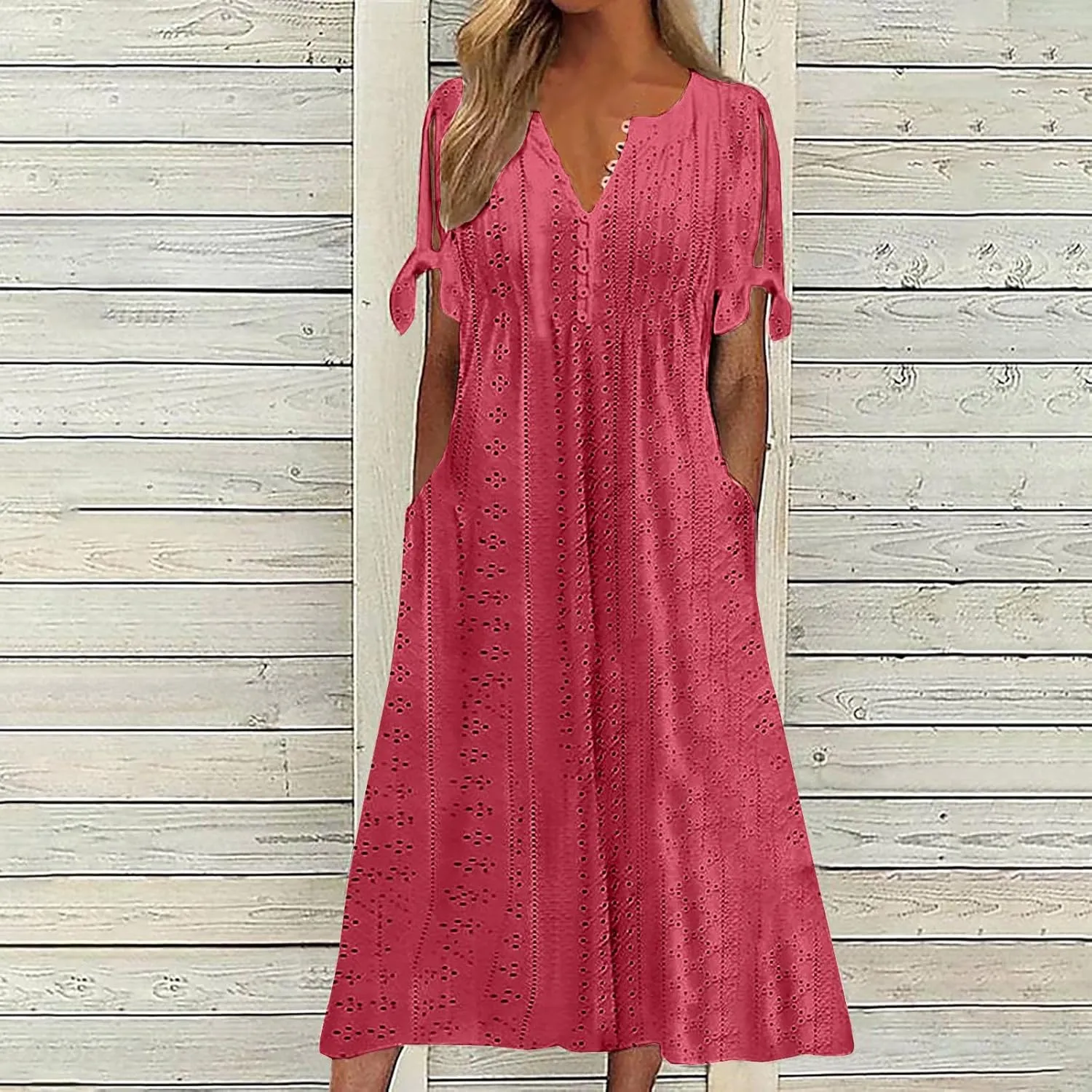 Summer Dresses for Women 2025 Eyelet Tshirt Dress Casual Beach Vacation Sundress V Neck Maxi Dress