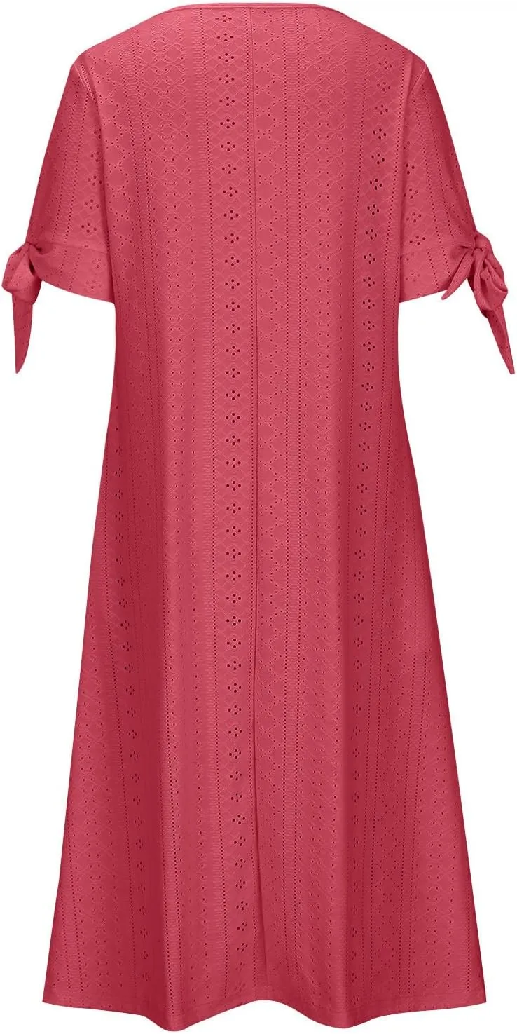 Summer Dresses for Women 2025 Eyelet Tshirt Dress Casual Beach Vacation Sundress V Neck Maxi Dress